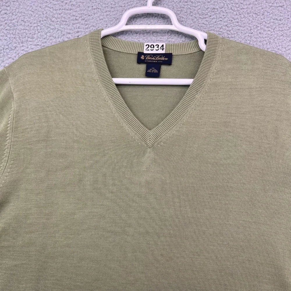 Brooks Brothers Mens XXL V-Neck Sweater Silk Cotton Blend Olive Green L/S